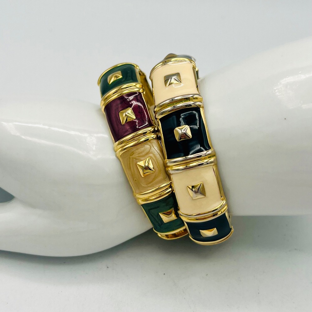 Vintage Gold Tone Enamel Pyramid Stud Hinged Bangle Bracelets Set of 2 Multi